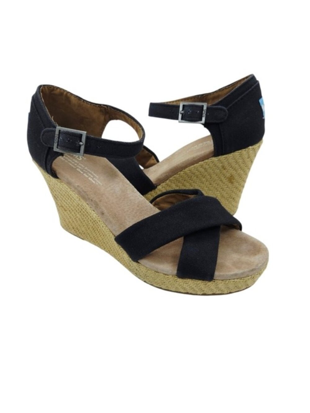 Toms Sienna Black Ankle Strap Espadrille Wedge Sandals Women's Size 9